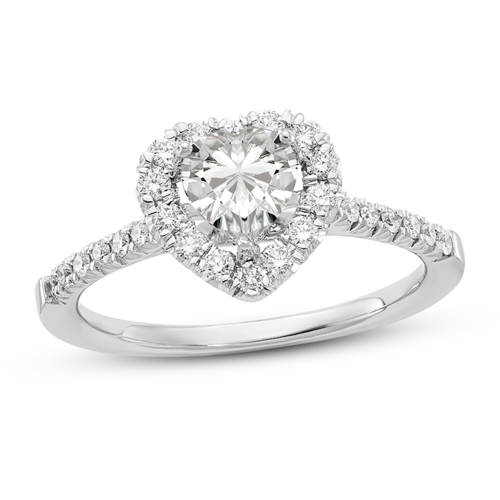 Image of white gold heart cut diamond halo engagement ring.