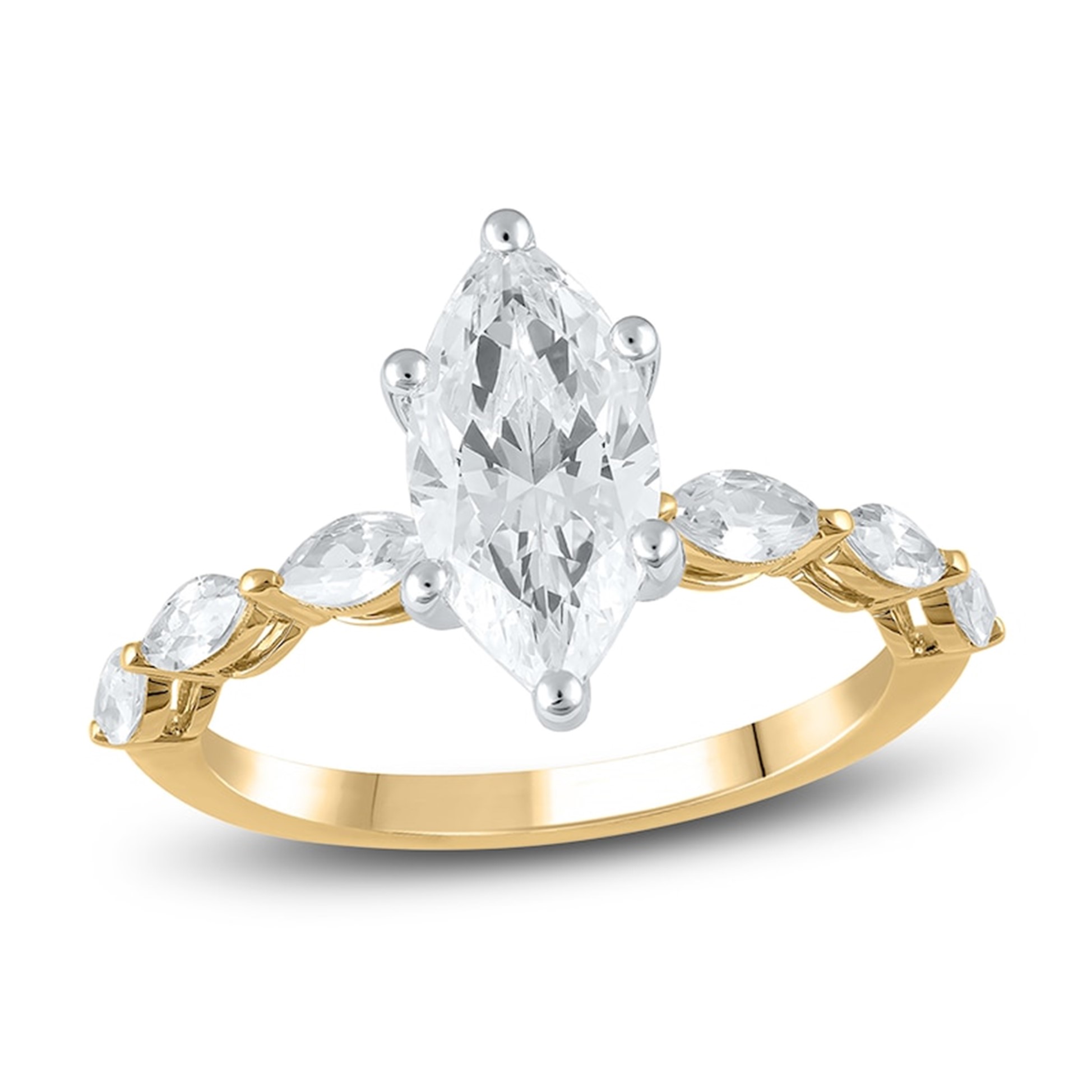 Image of yellow gold marquise cut lab-created diamond engagement ring.