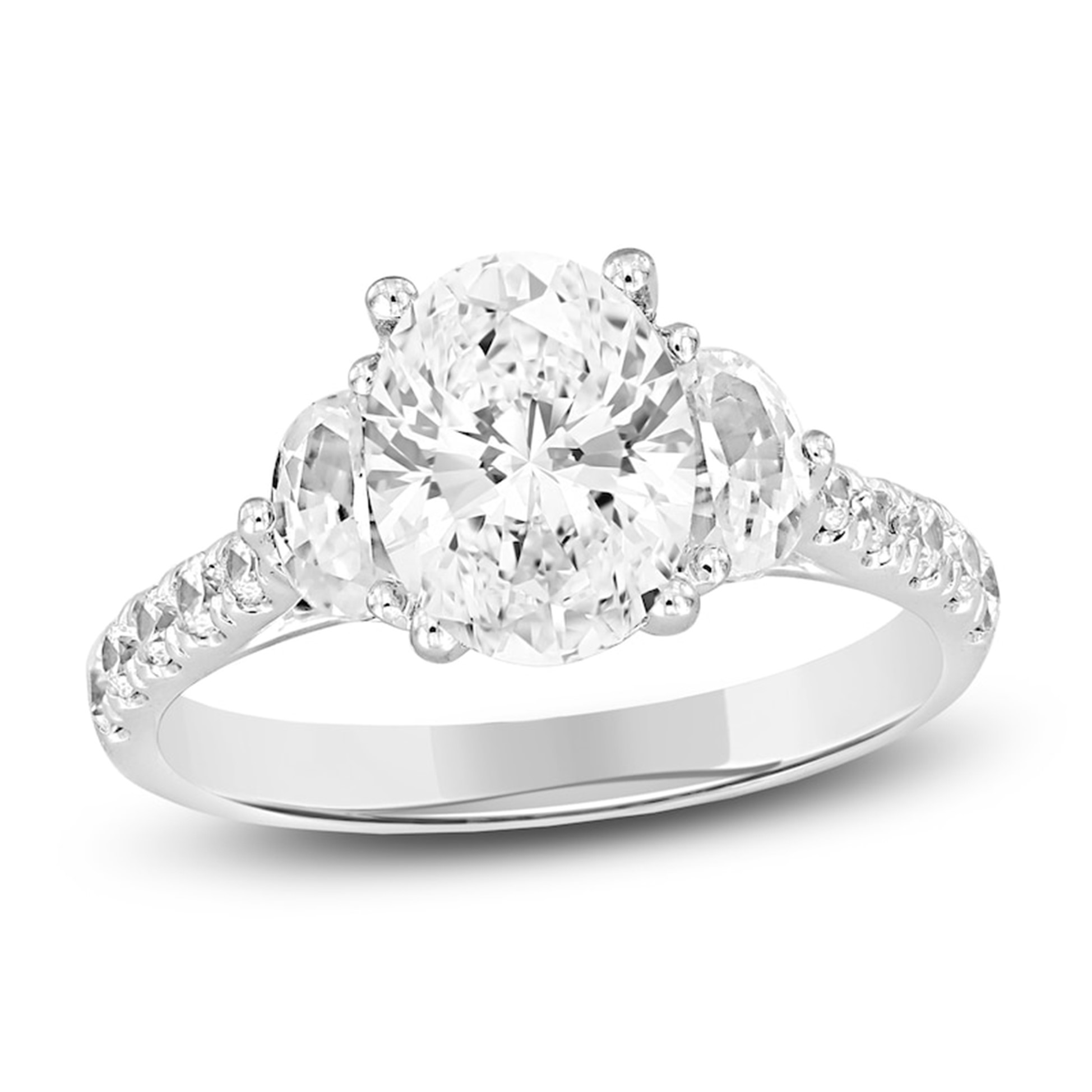 Image of oval cut lab-created diamond engagement ring. 