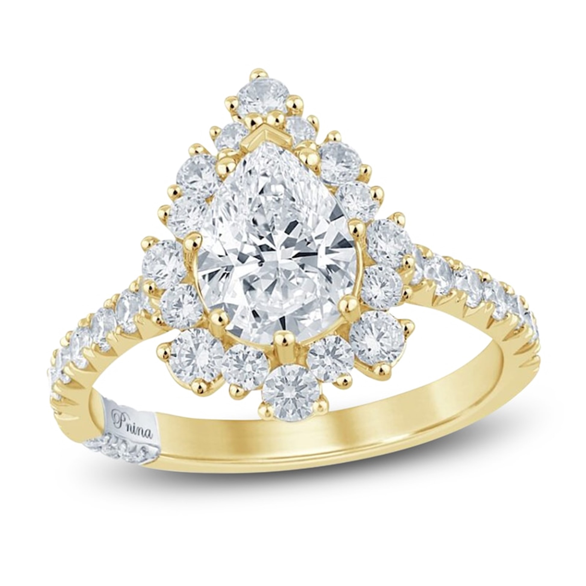 Image of 14K yellow gold pear shaped lab-created diamond engagement ring.