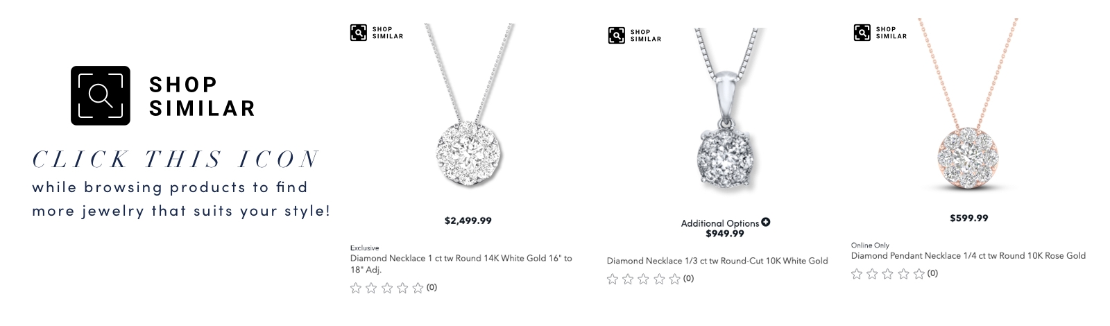Directions to use the Shop Similar function on the visual search tool showing three diamond halo pendants of similar gold colors and carat weights.
