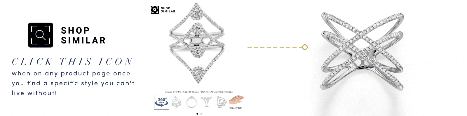 Gif that shows how the Visual Search tool allows guests to upload images of jewelry they like and how easy it is to find similar looks.