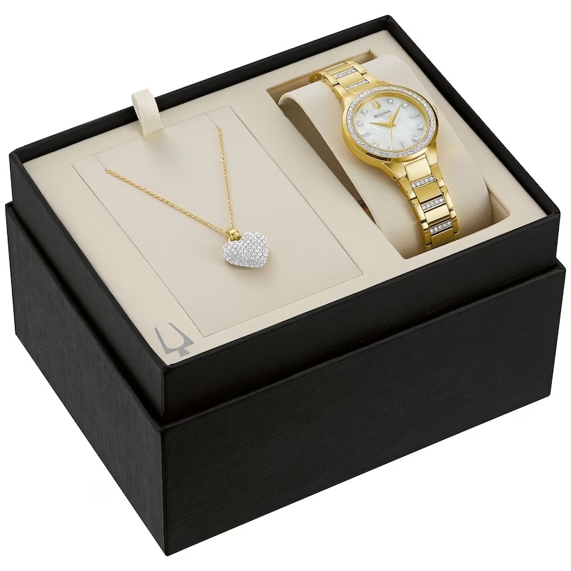 "Jared The Galleria Of Jewelry Bulova Crystal Women's Watch with Heart Pendant Gift Set 98X129 "