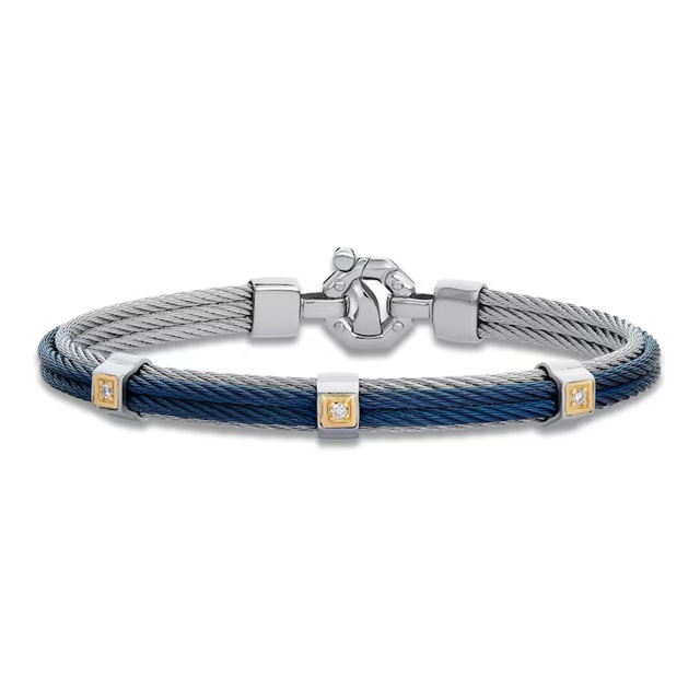 Baraka Men's Layered Cord Diamond Bracelet 1/10 ct tw Stainless Steel, Blue Ion Plating & 18K Yellow Gold 7.75"