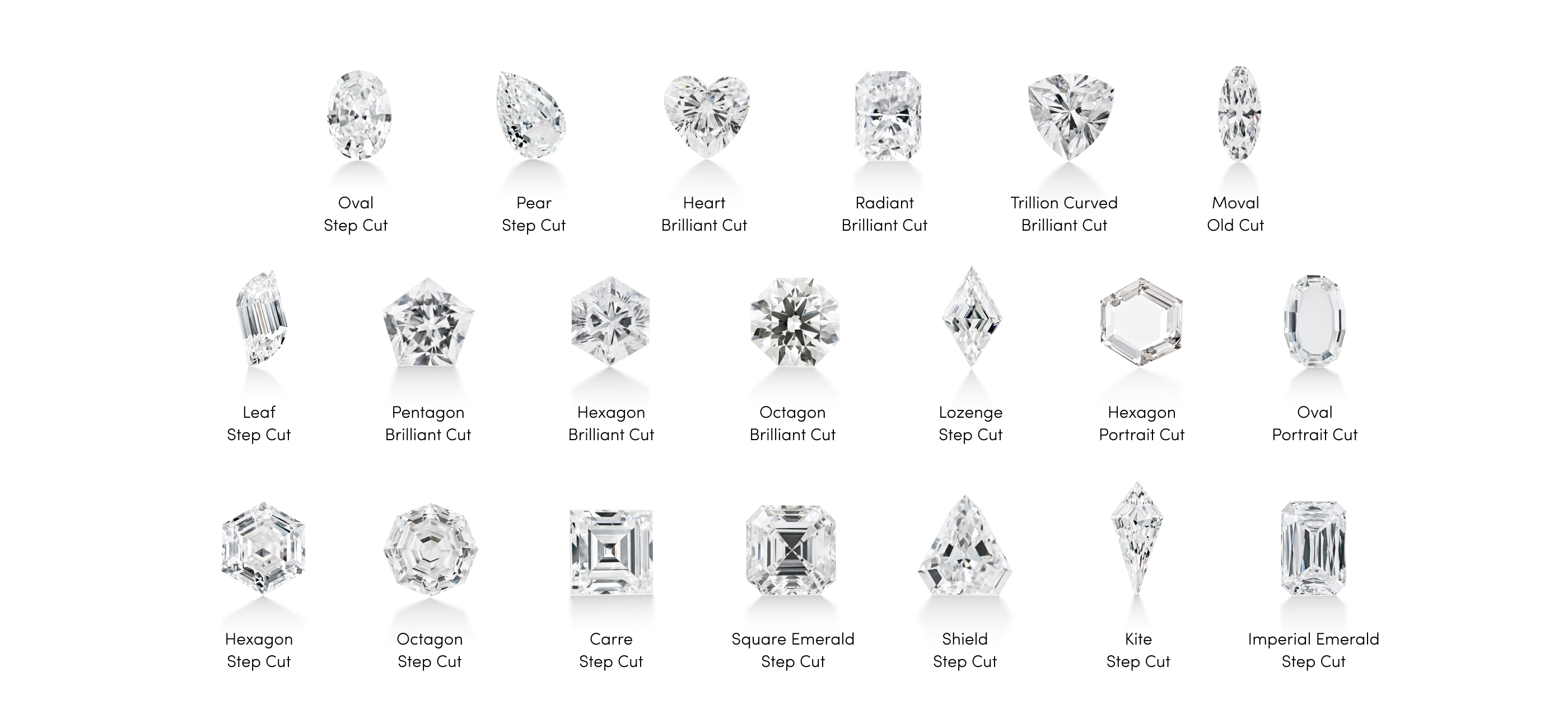 All loose lab-created fancy diamond shapes available in J'Lure engagement rings and wedding bands are shown on a white background.