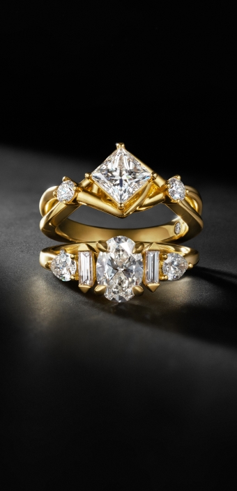Engagement rings from the Storied Diamond collection with natural diamond princess and oval cut centers.