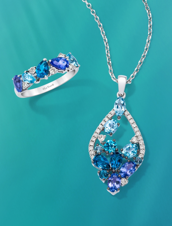 Shop the new Mare Azzuro collection from Le Vian, featuring shades of blue gemstones, including Blue Topaz, Aquamarine, Tanzanite and Blue Zircon.