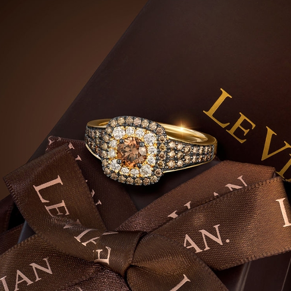 Le Vian special boxed double-halo ring in 14K yellow gold with brown and white diamonds