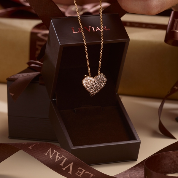 Le Vian rose gold and chocolate diamond heart pendant in a special Le Vian gift box.