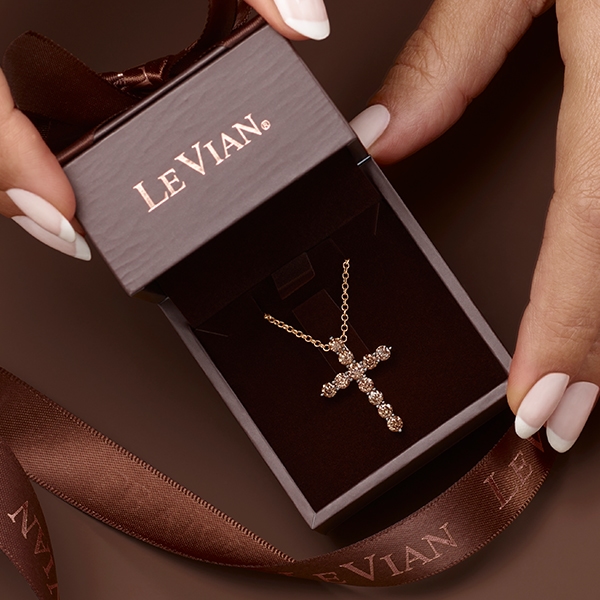 Le Vian rose gold and chocolate diamond cross pendant that comes in a special Le Vian gift box
