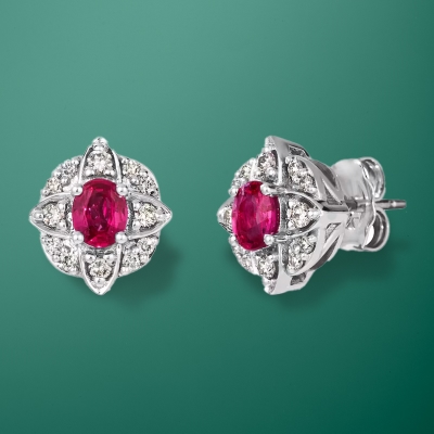 Le Vian Superbuy 14K white gold earrings with oval-cut ruby stone and 1/4 ct tw of diamonds.