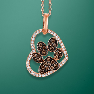 Le Vian Superbuy heart and dog paw necklace in 14K rose gold with 1/3 ct tw chocolate and vanilla diamonds