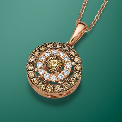 Le Vian Superbuy creme brulee halo necklace in 14K rose gold with 1/2 ct tw chocolate & vanilla diamonds.
