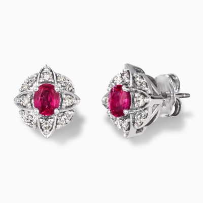 Le Vian Superbuy 14K white gold earrings with oval-cut ruby stone and 1/4 ct tw of diamonds.