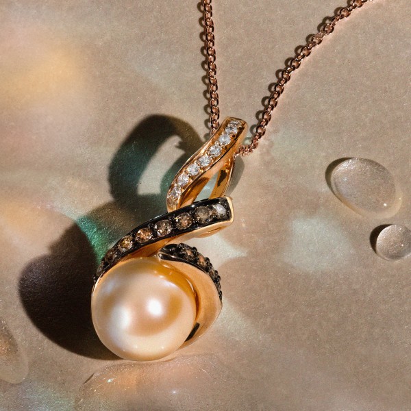 Le Vian pink cultured pearl pendant with 1/4ctw chocolate and vanilla diamonds in 14K strawberry gold on sale for $1,260.00 