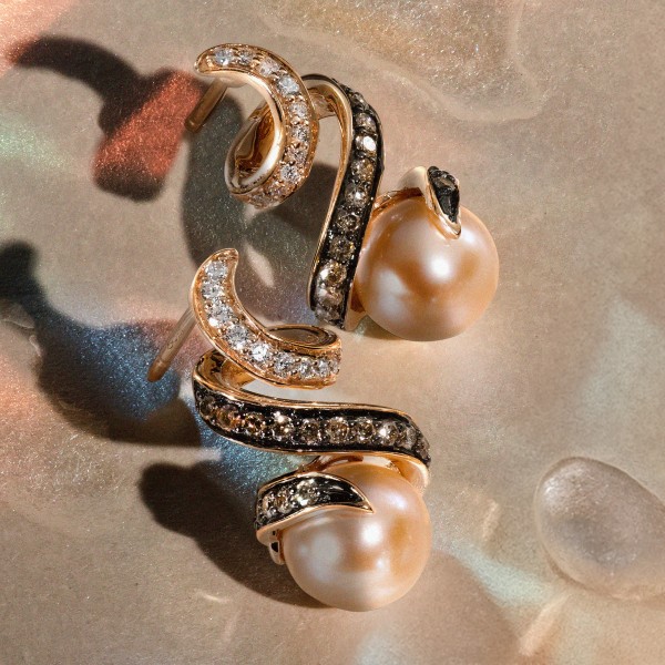Le Vian pink cultured pearl earrings with 1/3ctw chocolate & vanilla diamonds in 14K strawberry gold, on sale for $1,225.00