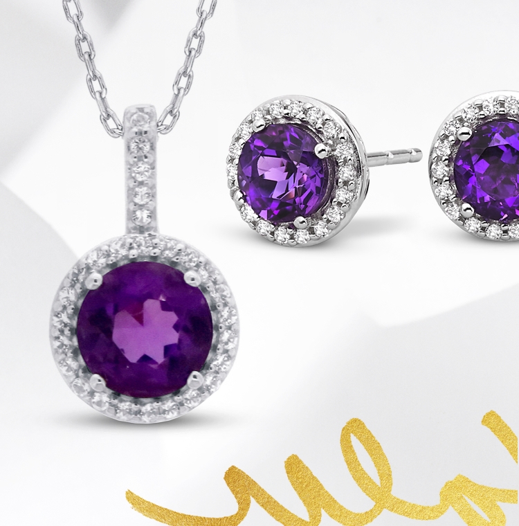 Amethyst ring and earrings set in white gold. Shop all amethyst jewelry at Jared.