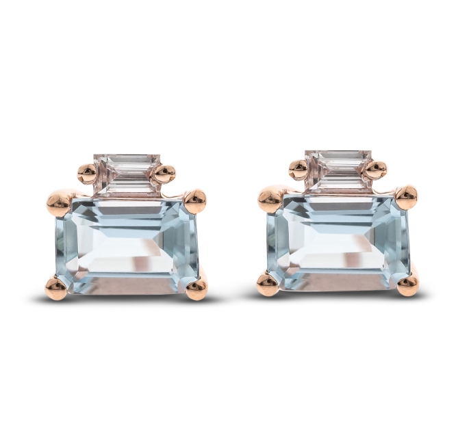 Aquamarine earrings set in rose gold with diamond accents