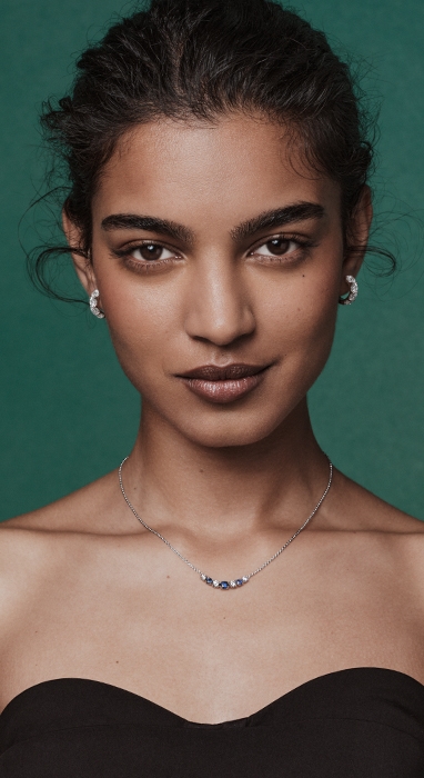 model wearing new Blue Nile X Jared jewelry