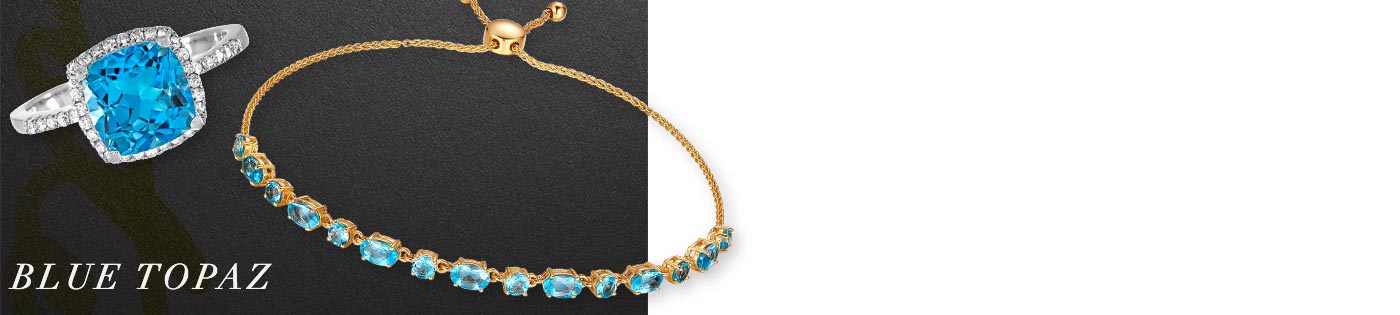 Blue topaz December birthstone jewelry shown with a blue topaz ring and a blue topaz and yellow gold bracelet.