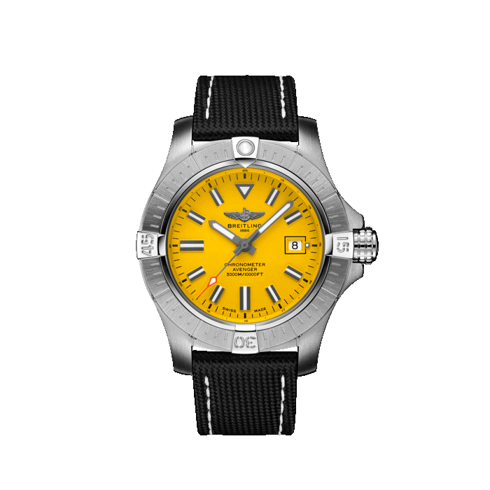 Breitling Avenger Automatic 45 MM Seawolf watch with yellow dial and black nylon strap