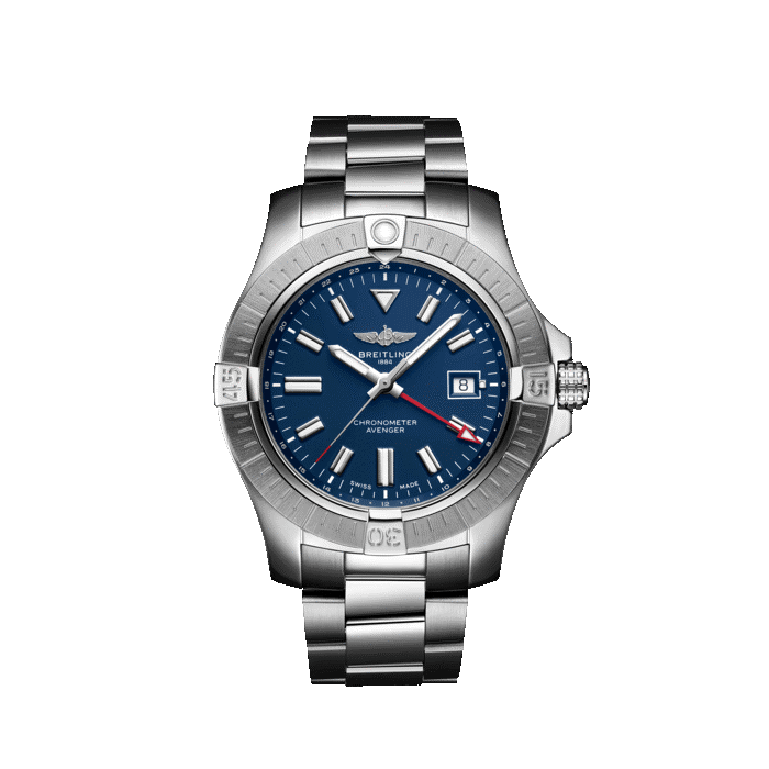 Breitling Avenger Automatic GMT watch with blue dial and stainless steel bracelet