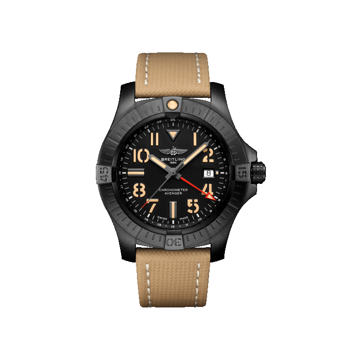 Breitling Avenger Automatic GMT Night Misson watch with black dial and tan leather strap