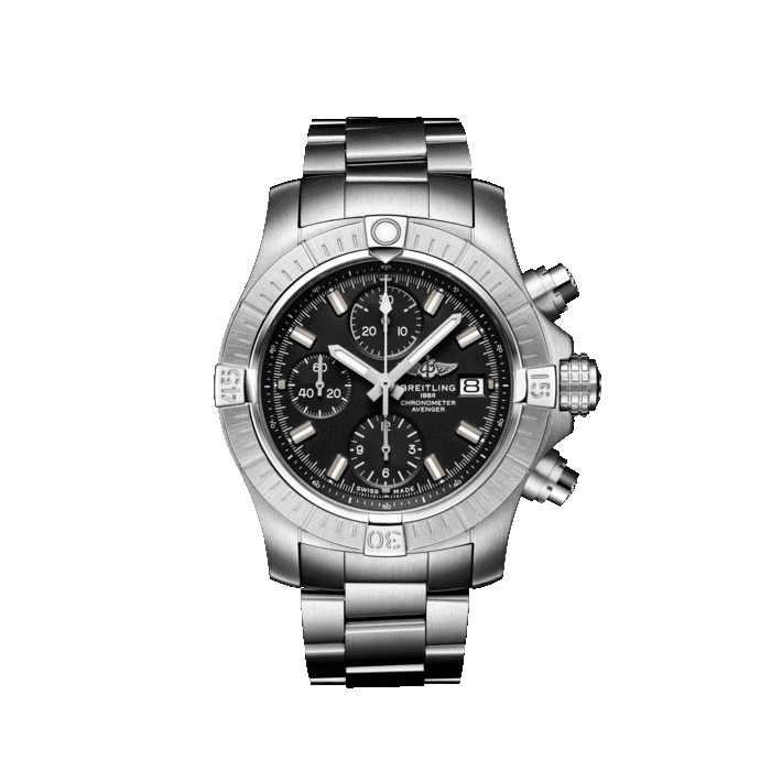 Breitling Avenger Chronograph 43MM watch with black dial and stainless steel bracelet