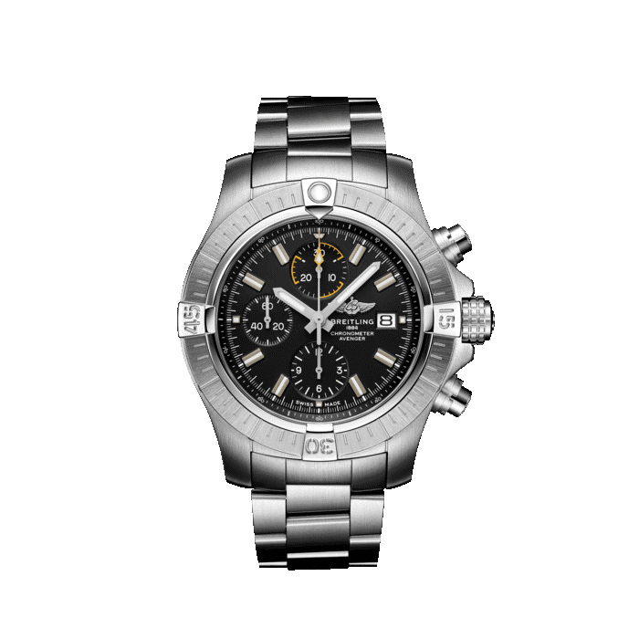 Breitling Avenger Chronograph 45MM watch with black dial and stainless steel bracelet