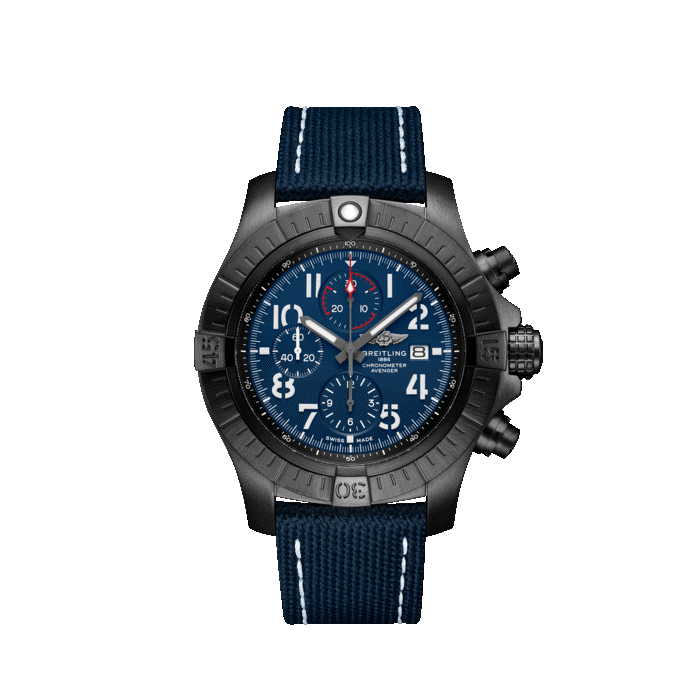 Breitling Super Avenger Chronograph 48MM Night Mission watch with blue dial and blue nylon strap.