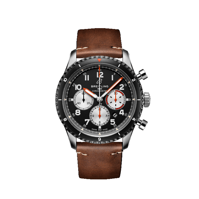 Breitling AVIATOR 8 B01 CHRONOGRAPH 43 MOSQUITO watch with black dial and brown leather strap
