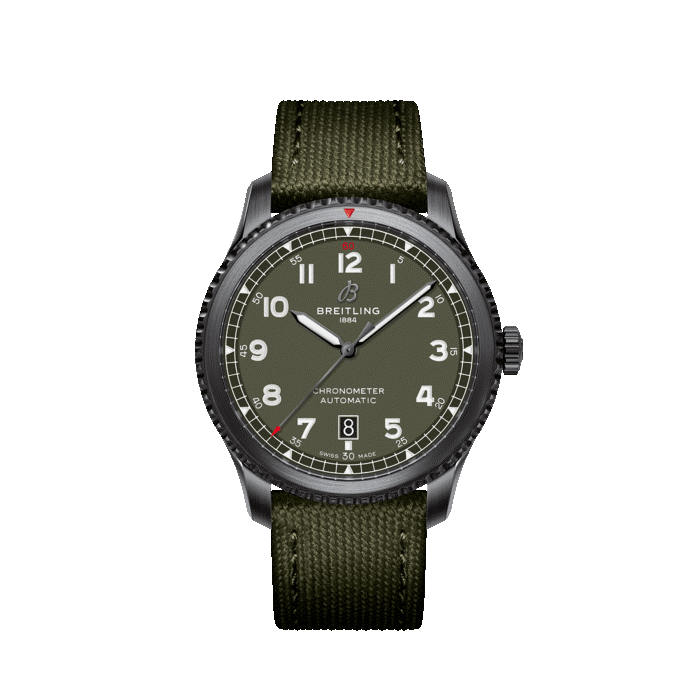 Breitling AVIATOR 8 AUTOMATIC 41 BLACK STEEL CURTISS WARHAWK watch with dark green dial and nylon strap