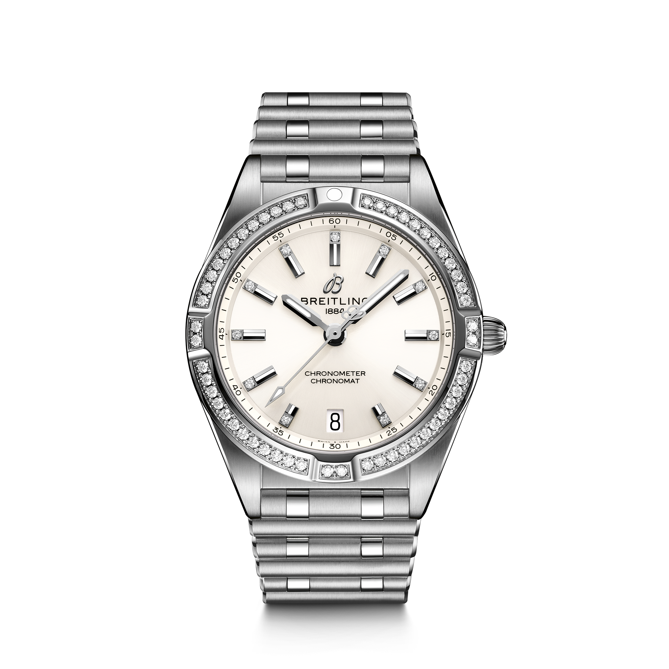 Breitling Women's Chronomat 32 mm with stainless steel bracelet, white dial and diamond markers.