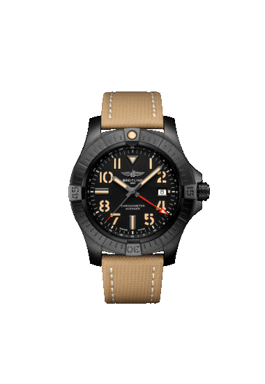 Breitling Avenger Men&#39;s 45MM watch with black dial and sand-colored leather strap.