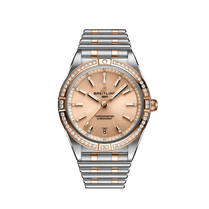 Breitling Chronomat watch for women with 18K rose gold and copper dial and stainless steel bracelet.