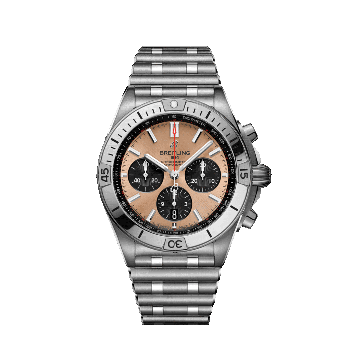 Breitling Chronomat watch with copper dial and stainless steel bracelet