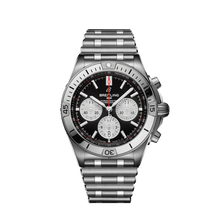Breitling Chronomat B01 42 watch with a black dial and stainless steel bracelet.