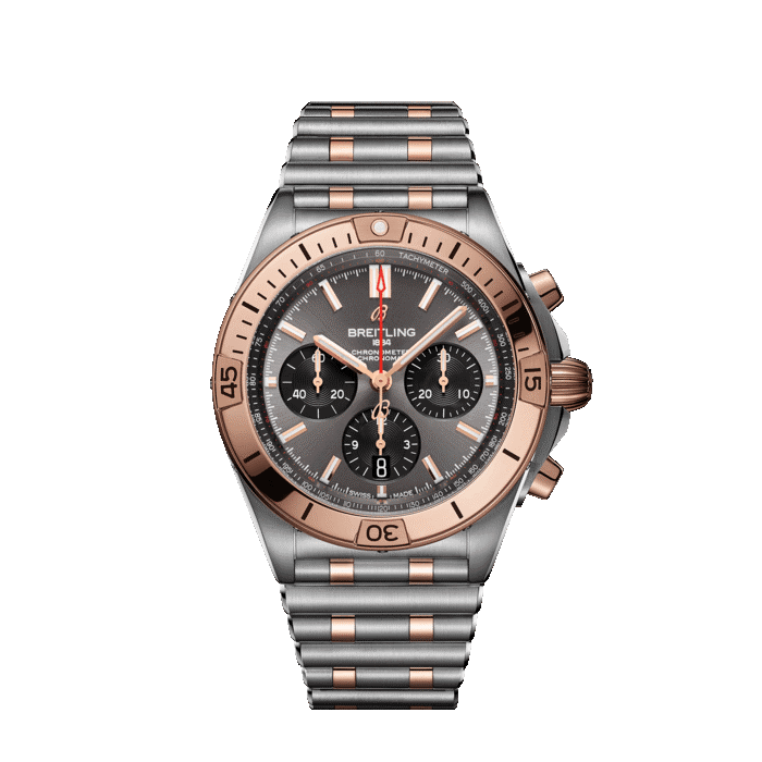 Breitling Chronomat B01 42MM watch with dark gray dial and rose gold and stainless steel bracelet