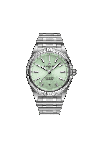 Breitling women&#39;s Chronomat Automatic 36MM watch with mint green dial and stainless steel bracelet.