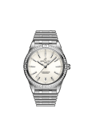 Breitling Women&#39;s Chronomat 36mm watch with white dial and diamond-set bezel.