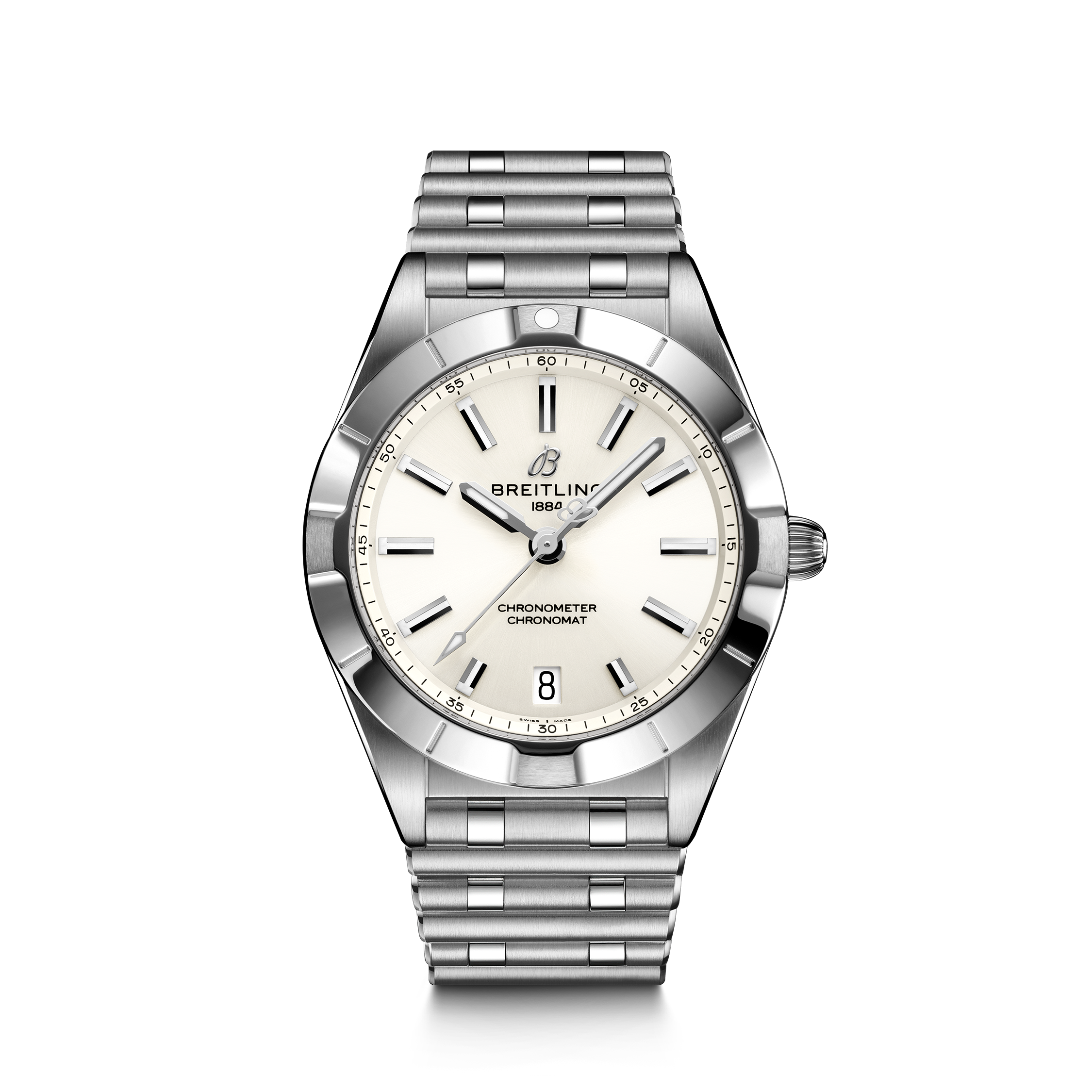 Breitling women's Chronomat 32MM watch with stainless steel bracelet, bezel and white dial.
