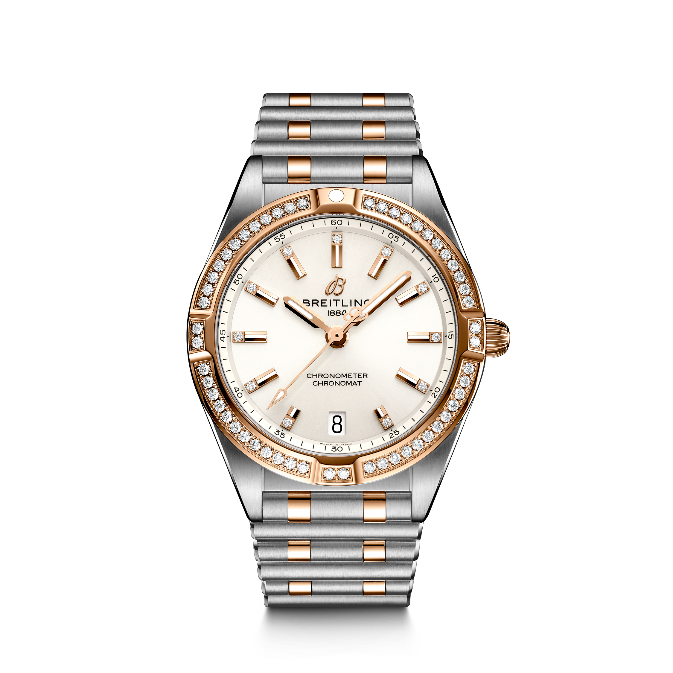 Breitling women's Chronomat 32MM stainless steel and 18K rose gold watch with diamond bezel.