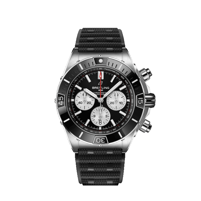 Breitling mens Super Chronomat B01 44MM watch with black and stainless steel dial and strap.