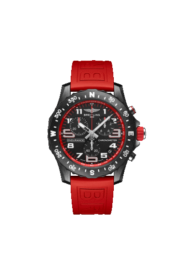 Breitling Men&#39;s Endurance Pro watch with black dial and red rubber strap.
