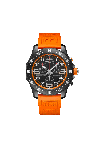 Breitling Men&#39;s Endurance Pro watch with black dial and orange rubber strap.