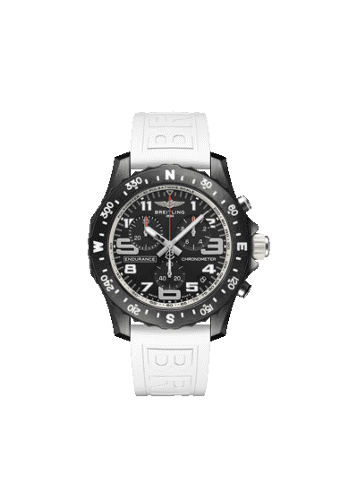 Breitling Men&#39;s Endurance Pro watch with black dial and white rubber strap.