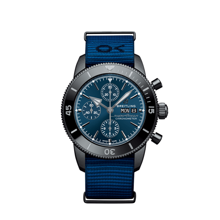 Breitling Superocean Heritage Chronograph Outerknown black steel watch with blue dial and blue strap
