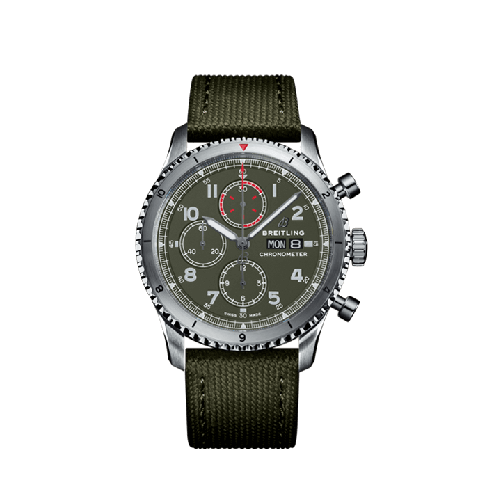 Breitling Aviator 8 Chronograph 43 CURTISS WARHAWK watch with green dial and green nylon strap.