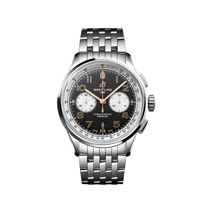 Breitling Premier Chronograph 42MM watch with black dial and stainless steel bracelet