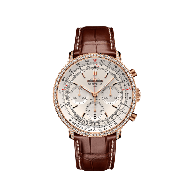 Breitling Navitimer B01 Chronograph 42MM watch with white dial and brown leather strap